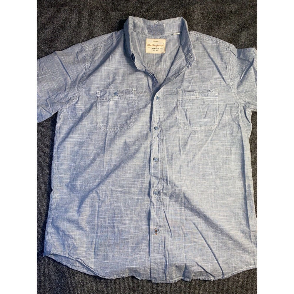 Weatherproof Shirt Men Large Blue Solid Detail Chest Pocket Collared Button Down